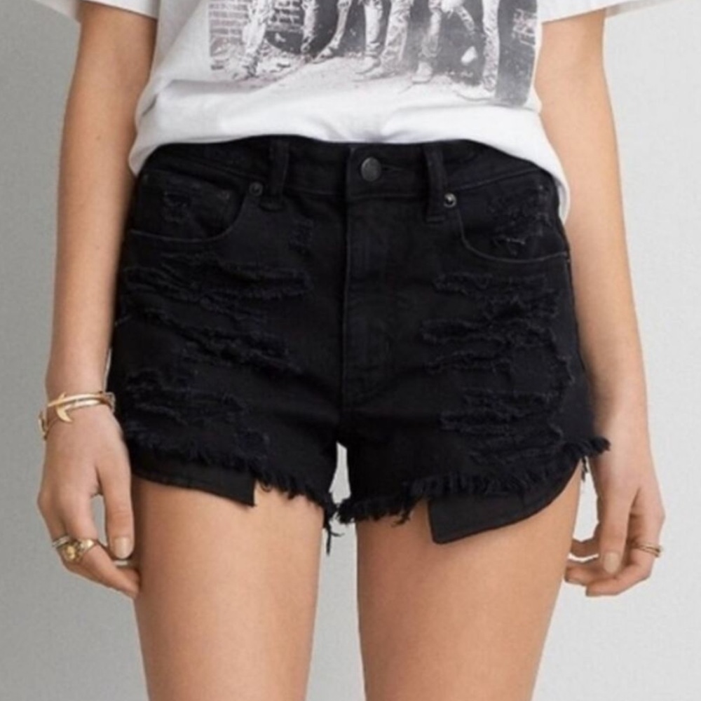American Eagle Faded Black Super Stretch Hi-Rise Distressed Shortie Shorts